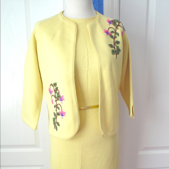 Vintage YELLOW Coltalia Italian Wool Knit Dress+Jacket Embroidery XS - Picture 1 of 11